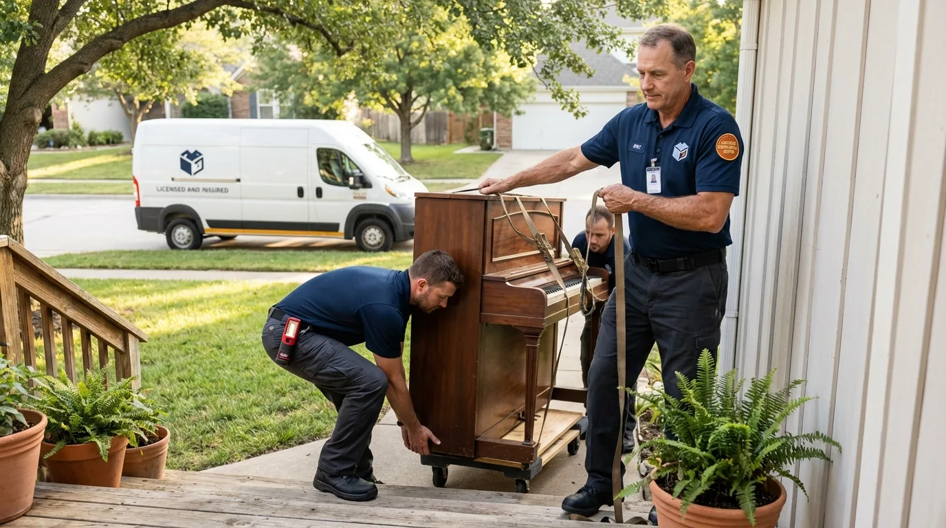 Licensed piano movers securing grand piano in Cortez, FL