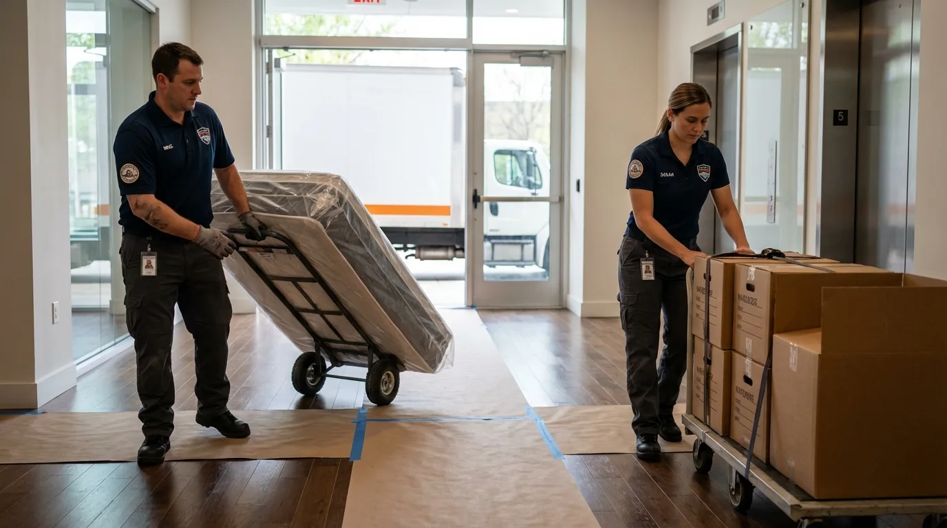 Professional apartment movers loading elevator in Cortez, FL